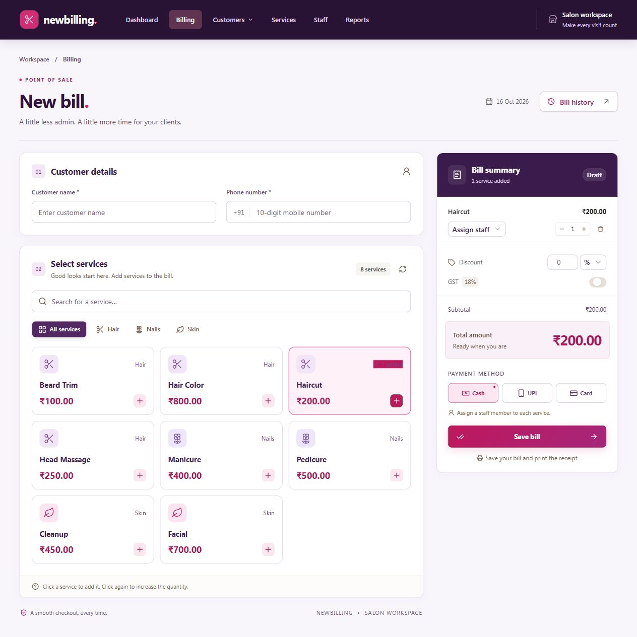 Newbilling salon workspace showing the service catalogue, customer details, and bill summary with sample data.